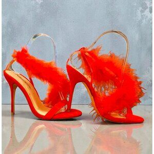 Bright Red Feathered High Heel Stiletto Open Toe Sandals With Dramatic Plume Acc